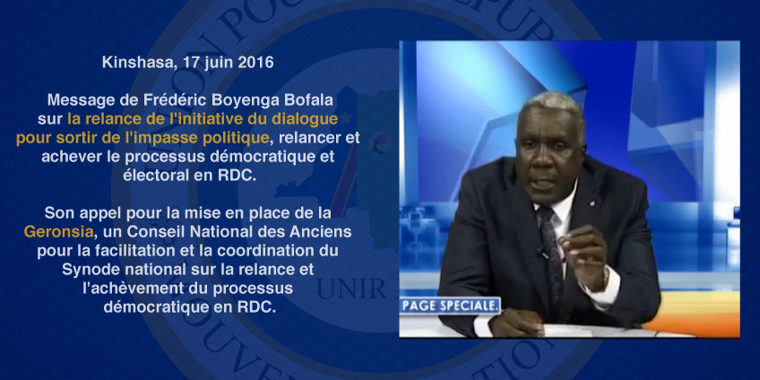 Kinshasa, 17 juin 2016 : Message de Frédéric Boyenga Bofala sur la relance de l'initiative du dialogue